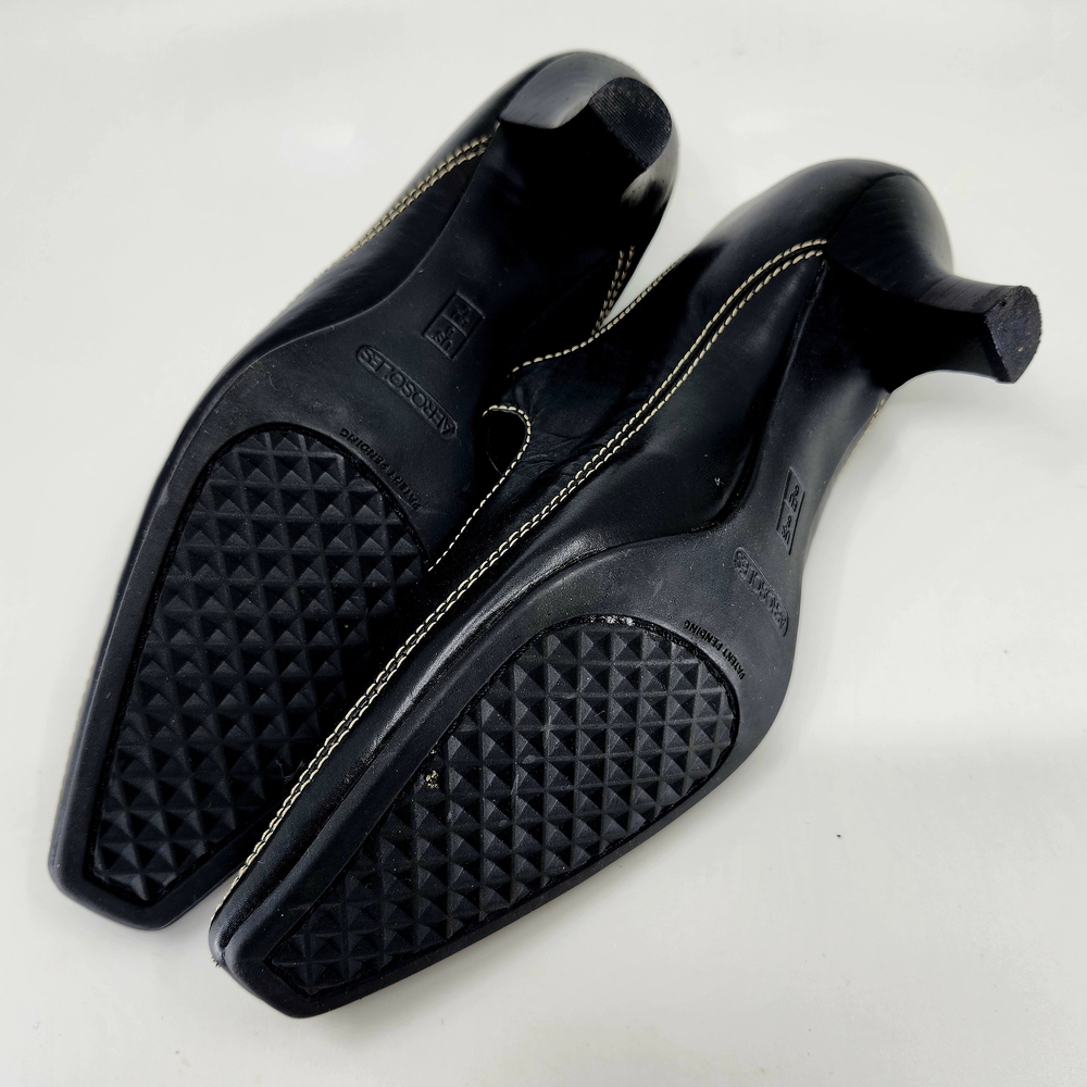 AEROSOLES Black Leather Mary Jane Buckle Heels Size 8 Topstitcing - Picture 7 of 9